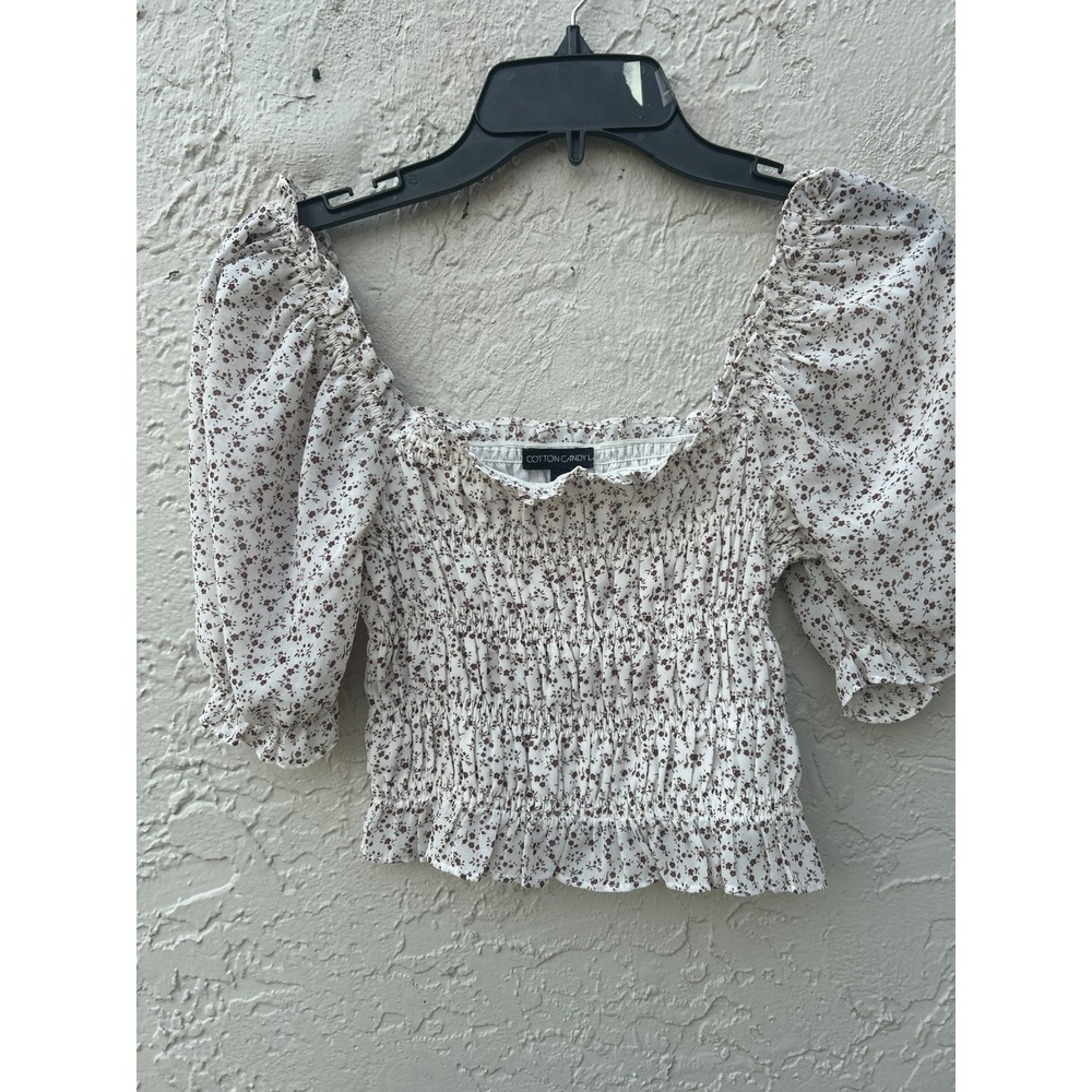 Cotton Candy LA Smocked Floral Crop Top Puff Sleeve Cream Brown Small